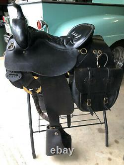 WESTERN TRAIL HORSE OR MOTORCYCLE SADDLE BAGS BAG ROUGHOUT BLACK LEATHER 