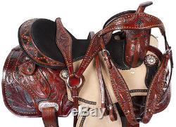 USED 15 BROWN TOOLED LEATHER WESTERN COWBOY PLEASURE TRAIL HORSE SADDLE TACK