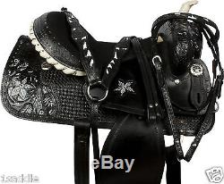 USED 15 WESTERN EQUITATION RODEO PLEASURE TRAIL BLACK TOOLED LEATHER SADDLE