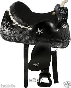 USED 15 WESTERN EQUITATION RODEO PLEASURE TRAIL BLACK TOOLED LEATHER SADDLE