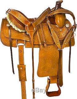 USED 16 LEATHER TOOLED WESTERN HORSE ROPING RANCH TRAIL COWBOY SADDLE TACK SET