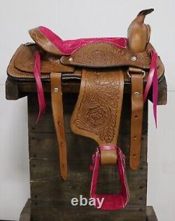 Used 10 Pink Brown Western Horse Leather Pony Kids Saddle