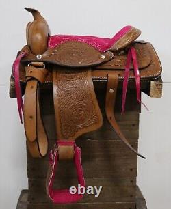 Used 10 Pink Brown Western Horse Leather Pony Kids Saddle