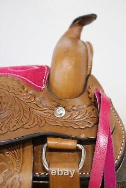 Used 10 Pink Brown Western Horse Leather Pony Kids Saddle