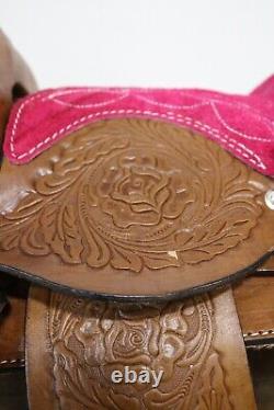 Used 10 Pink Brown Western Horse Leather Pony Kids Saddle