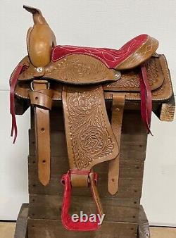 Used 10 Pony Kids Red Seat Saddle Western Horse Leather