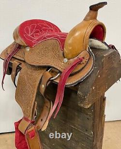 Used 10 Pony Kids Red Seat Saddle Western Horse Leather