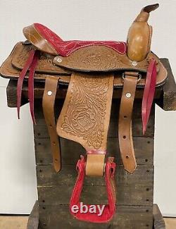 Used 10 Pony Kids Red Seat Saddle Western Horse Leather