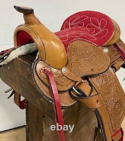 Used 10 Pony Kids Red Seat Saddle Western Horse Leather