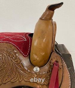 Used 10 Pony Kids Red Seat Saddle Western Horse Leather