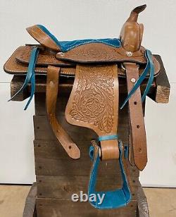 Used 10 Pony Turquoise Horse Brown Western Kids Mini Saddle