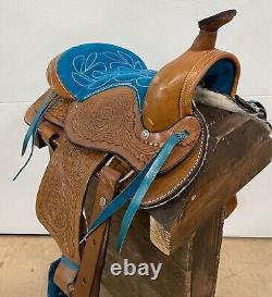 Used 10 Pony Turquoise Horse Brown Western Kids Mini Saddle