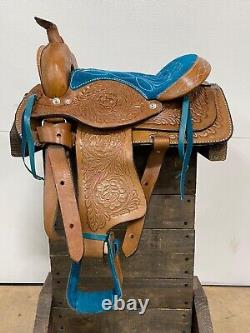 Used 10 Pony Turquoise Horse Brown Western Kids Mini Saddle