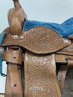 Used 10 Pony Turquoise Horse Brown Western Kids Mini Saddle