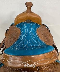 Used 10 Pony Turquoise Horse Brown Western Kids Mini Saddle