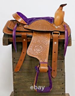 Used 10 Purple Brown Western Horse Leather Pony Kids Saddle