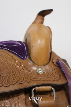 Used 10 Purple Brown Western Horse Leather Pony Kids Saddle