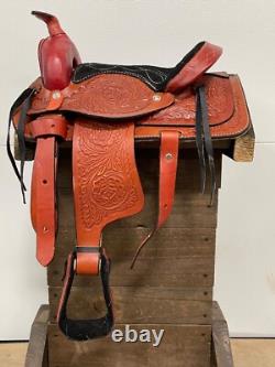 Used 10 Red Western Horse Leather Pony Kids Saddle