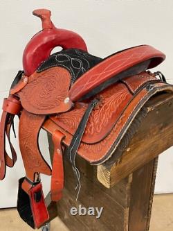 Used 10 Red Western Horse Leather Pony Kids Saddle
