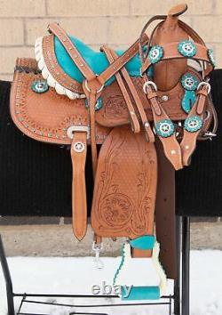 Used 10 Youth Kids Pony Leather Tooled Barrel Racing Show Trail Western Saddle