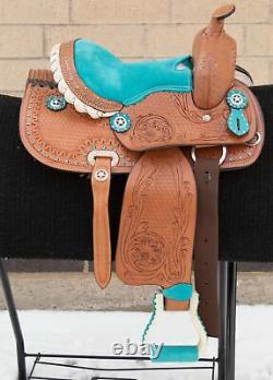 Used 10 Youth Kids Pony Leather Tooled Barrel Racing Show Trail Western Saddle