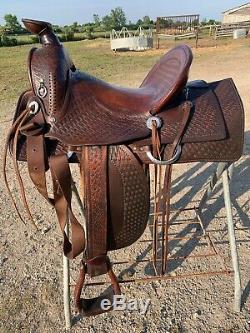 Used 14 Skot Line hard seat high back Western mule saddle US made