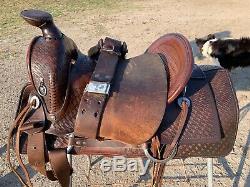 Used 14 Skot Line hard seat high back Western mule saddle US made