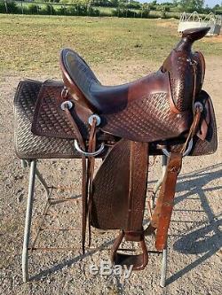 Used 14 Skot Line hard seat high back Western mule saddle US made