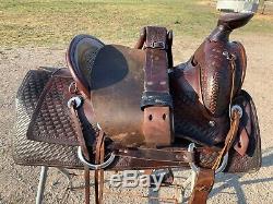 Used 14 Skot Line hard seat high back Western mule saddle US made