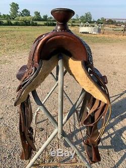 Used 14 Skot Line hard seat high back Western mule saddle US made