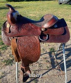 Used 15.5 tooled / silver laced Western saddle US made The American