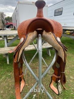 Used 15 Big horn Western Show Saddle Withsilver, tooled leather, semi bar US made