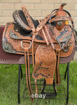 Used 15 Silver Hand Carved Premium Western Show Leather Horse Saddle Tack Set