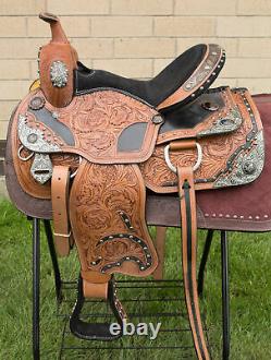 Used 15 Silver Hand Carved Premium Western Show Leather Horse Saddle Tack Set