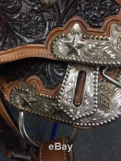 Used 16 Antique Oil Hand Carved Silver Show Western Leather Horse Saddle