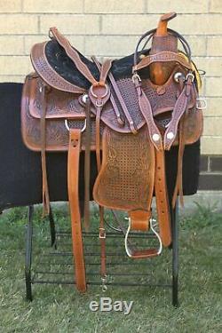 Used 16 Antique Oil Ranch Work Comfy Trail Western Leather Tooled Horse Saddle