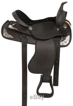 Used 16 Black Silver Synthetic Western Trail Horse Saddle Tack