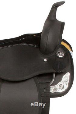 Used 16 Black Silver Synthetic Western Trail Horse Saddle Tack