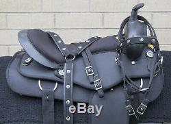 Used 16 Black Synthetic Western Show Silver Trail Riding Horse Saddle Tack