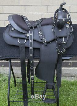 Used 16 Black Synthetic Western Show Silver Trail Riding Horse Saddle Tack