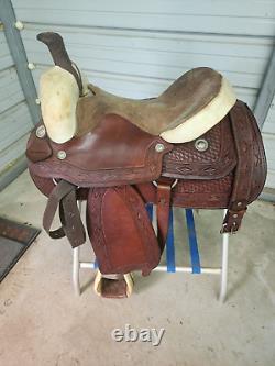 Used 16 Brown Color Leather Roping Saddle with Tooling #1790