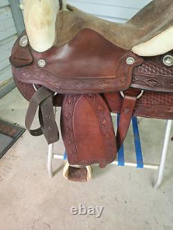 Used 16 Brown Color Leather Roping Saddle with Tooling #1790