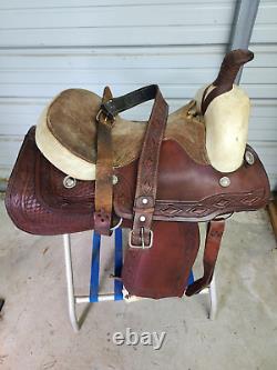 Used 16 Brown Color Leather Roping Saddle with Tooling #1790