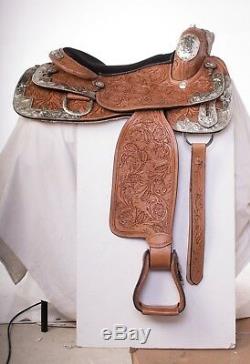 Used 16 Hand Carved Chestnut Leather Show Western Silver Horse Saddle