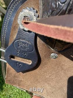 Used 17 Royal King Western barrel saddle tooled dark oil withroughout fenders