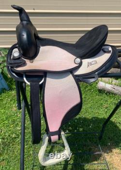 Used Abetta 14 youth/small adult pink & black synthetic Western saddle US made