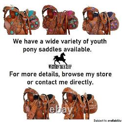 Used Kids Leather Pony Horse Western Saddle Floral Studded Painted Tack Reins