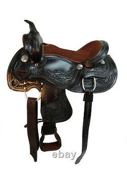 Used Kids Western Pony Brown Black Floral Carved Horse Mini Saddle Reins Tack