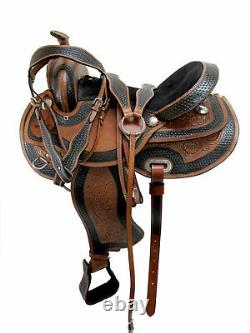 Used Leather Western Tooled Painted Horse Saddle Reins Tack Trail Barrel Racer