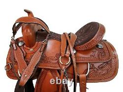 Used Oak Floral Tooled Barrel Tack Western Genuine Leather Horse Saddle Stitched